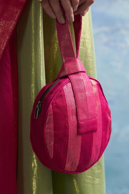 Charkhee Fuchsia Striped Pattern Potli Online at Aza Fashions Charkhee_Fuchsia Striped Pattern Potli _Online_at_Aza_Fashions