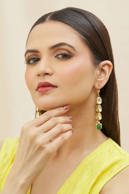 Just Shradhas_Gold Plated Pearls, Beads, Gota Patti Kundan Tiered Earrings _Online_at_Aza_Fashions