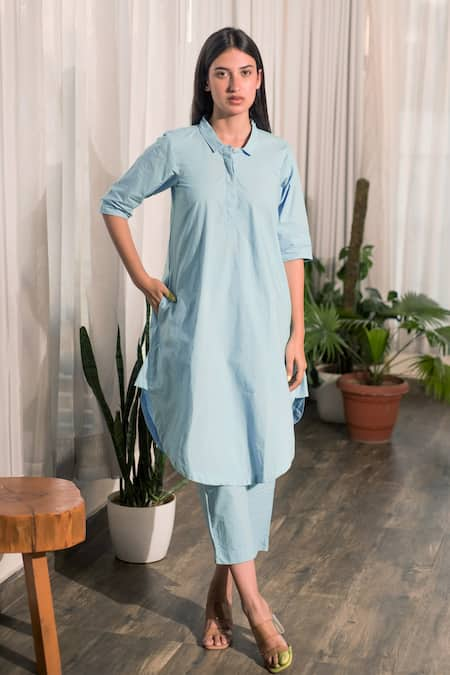 Merakus Plain Curved Hem Collared Tunic & Pant Set 