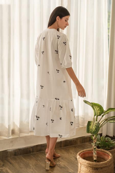 Shop Merakus White Cotton Embroidery Round Neck Floral Print Midi Dress at Aza Fashions Shop_Merakus_White Cotton Embroidery Round Neck Floral Print Midi Dress _at_Aza_Fashions
