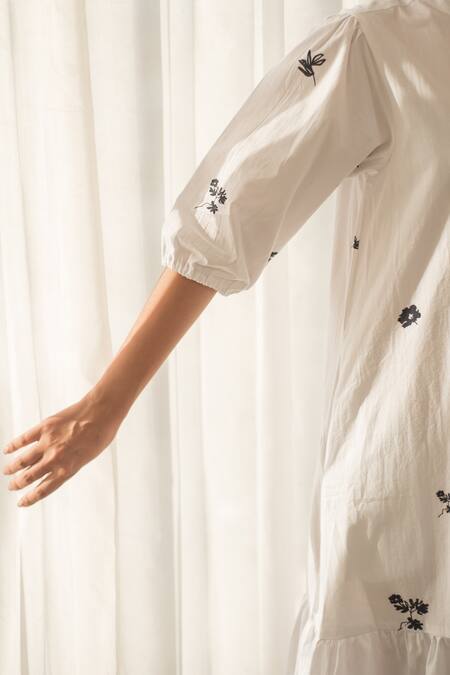 Buy_Merakus_White Cotton Embroidery Round Neck Floral Print Midi Dress _Online_at_Aza_Fashions