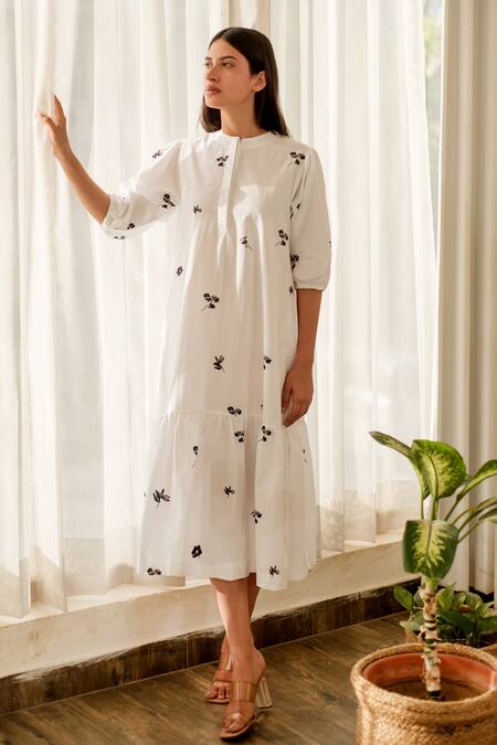 Shop Merakus White Cotton Embroidery Round Neck Floral Print Midi Dress Online at Aza Fashions Shop_Merakus_White Cotton Embroidery Round Neck Floral Print Midi Dress _Online_at_Aza_Fashions