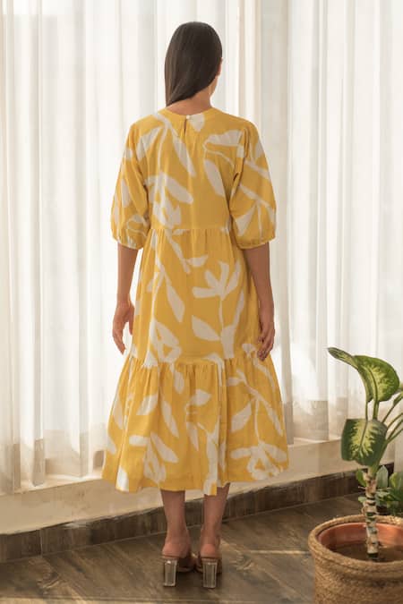 Shop_Merakus_Yellow Cotton Round Neck Floral Print Flared Midi Dress _at_Aza_Fashions