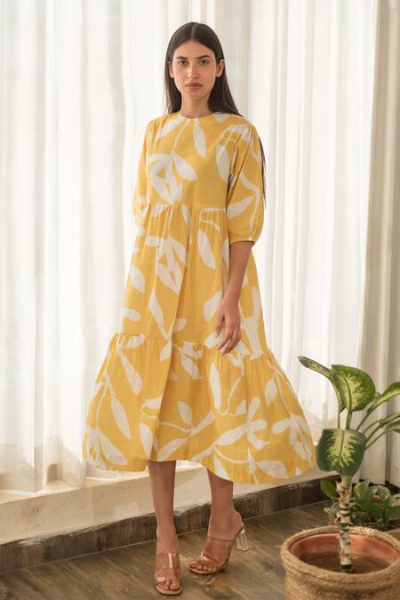 Merakus_Yellow Cotton Round Neck Floral Print Flared Midi Dress _Online_at_Aza_Fashions