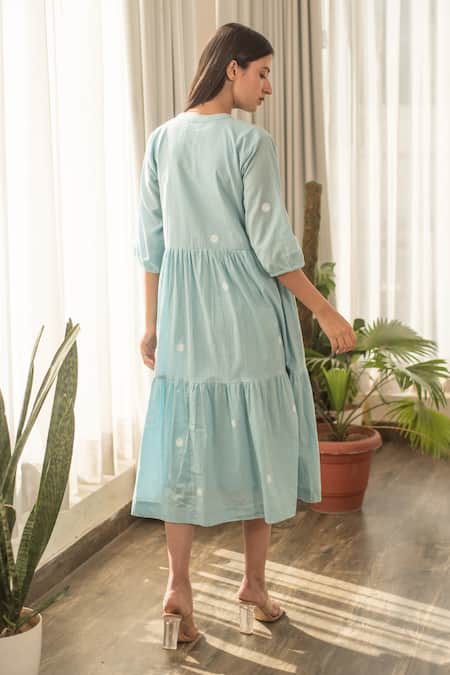 Shop_Merakus_Blue Cotton Round Neck Handblock Polka Print Tiered Midi Dress _at_Aza_Fashions