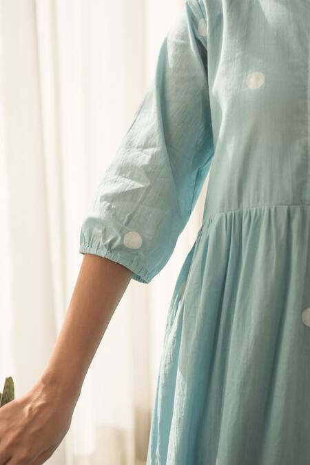Merakus_Blue Cotton Round Neck Handblock Polka Print Tiered Midi Dress _Online_at_Aza_Fashions