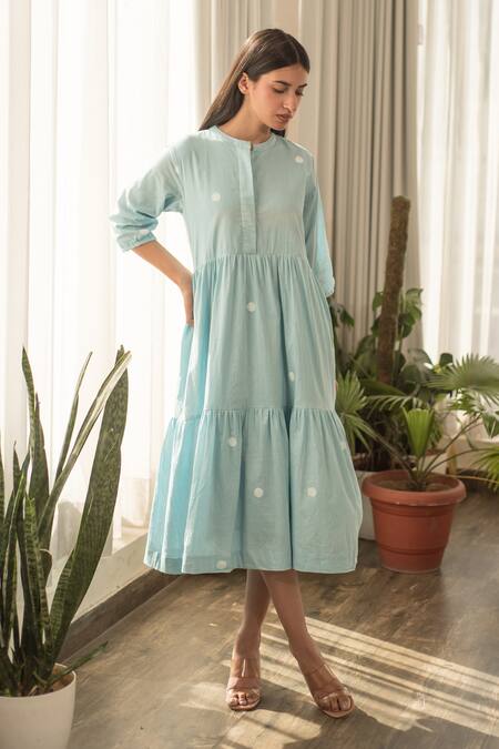 Buy_Merakus_Blue Cotton Round Neck Handblock Polka Print Tiered Midi Dress _Online_at_Aza_Fashions