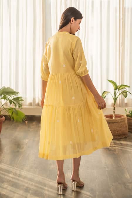Shop_Merakus_Yellow Cotton Round Neck Polka Print Tiered Midi Dress _at_Aza_Fashions