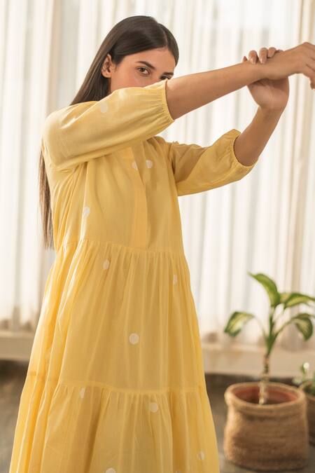 Merakus_Yellow Cotton Round Neck Polka Print Tiered Midi Dress _Online_at_Aza_Fashions
