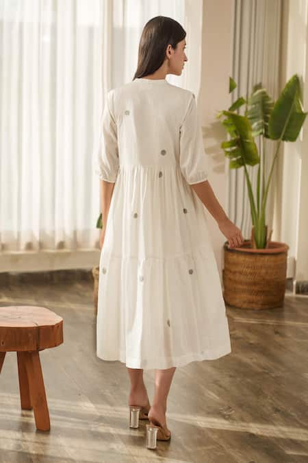 Shop Merakus White Cotton Round Neck Polka Print Tiered Flared Midi Dress at Aza Fashions Shop_Merakus_White Cotton Round Neck Polka Print Tiered Flared Midi Dress _at_Aza_Fashions