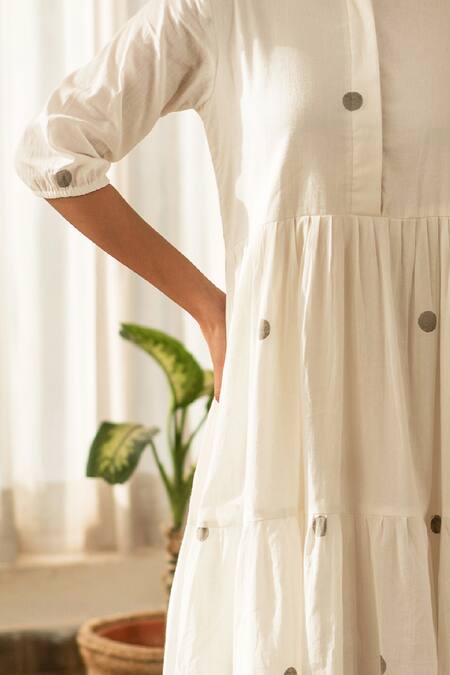 Merakus White Cotton Round Neck Polka Print Tiered Flared Midi Dress Online at Aza Fashions Merakus_White Cotton Round Neck Polka Print Tiered Flared Midi Dress _Online_at_Aza_Fashions