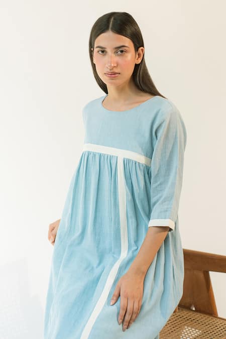 Buy_Merakus_Blue Cotton Applique Round Neck Gathered Tunic And Culotte Set _Online_at_Aza_Fashions