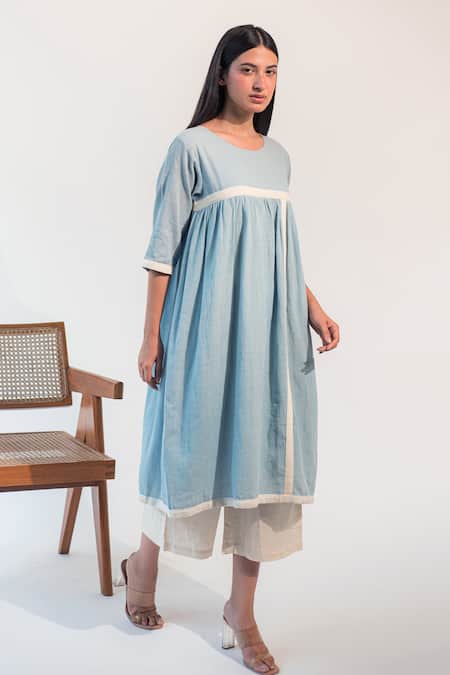 Shop_Merakus_Blue Cotton Applique Round Neck Gathered Tunic And Culotte Set _Online_at_Aza_Fashions