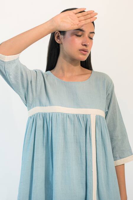 Merakus_Blue Cotton Round Neck Applique Geometric Pattern Dress _Online_at_Aza_Fashions