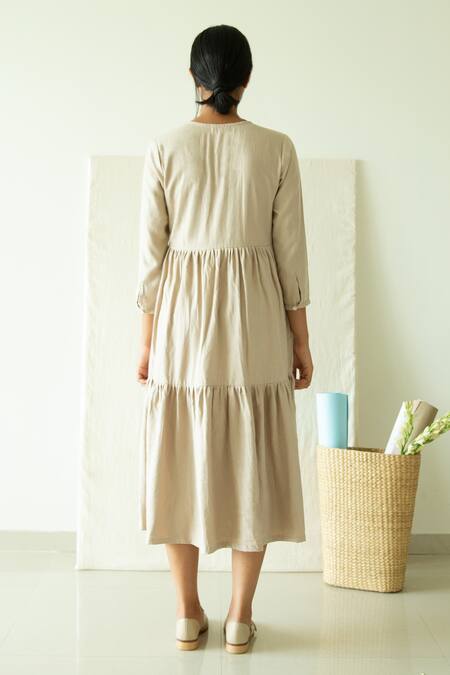 Shop_Merakus_Beige Cotton V-neck Tiered V Midi Dress _at_Aza_Fashions