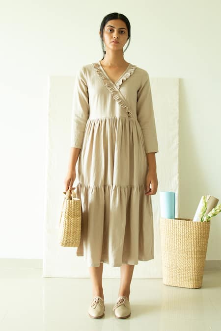 Merakus_Beige Cotton V-neck Tiered V Midi Dress _Online_at_Aza_Fashions