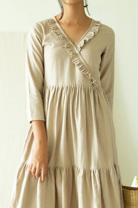 Buy_Merakus_Beige Cotton V-neck Tiered V Midi Dress _Online_at_Aza_Fashions