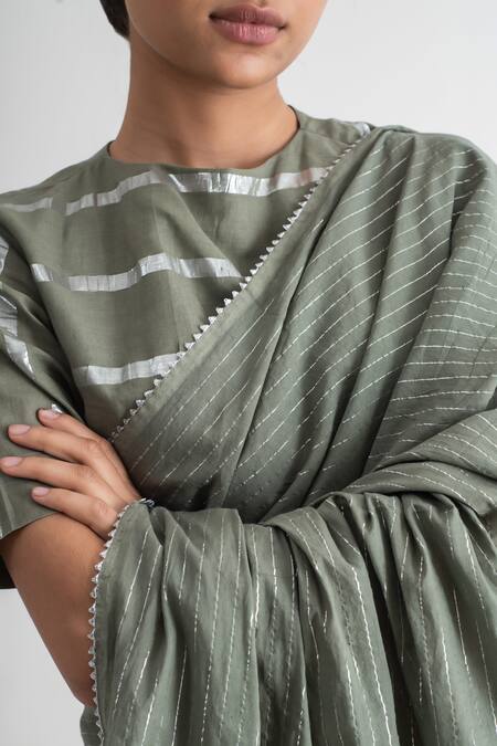 Shop_Merakus_Green Cotton Zari Round Neck Embroidered Saree With Blouse _Online_at_Aza_Fashions