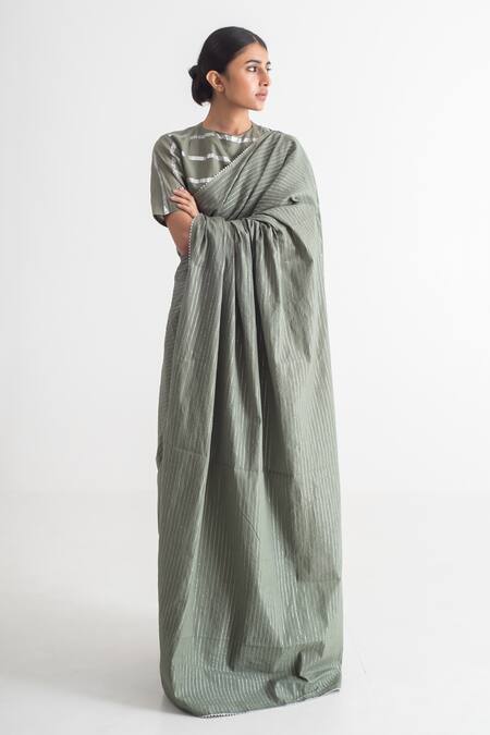 Merakus_Green Cotton Zari Round Neck Embroidered Saree With Blouse _at_Aza_Fashions