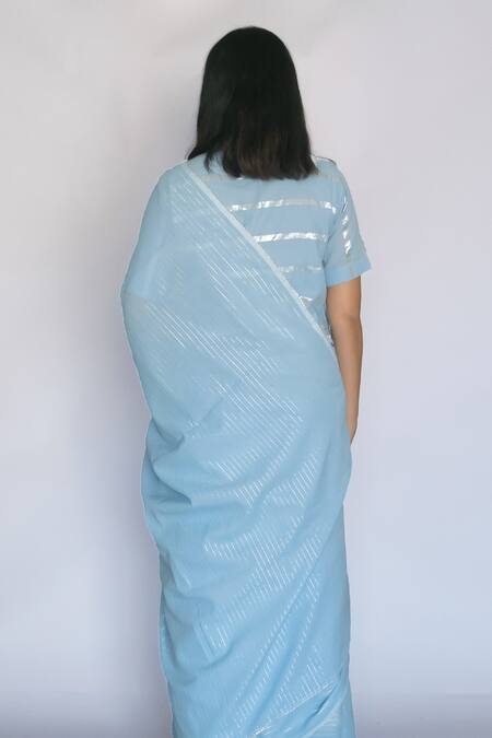 Shop_Merakus_Blue Cotton Zari Stripe Embroidered Saree _at_Aza_Fashions