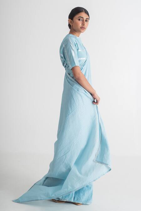 Merakus_Blue Cotton Zari Round Neck Stripe Embroidered Saree With Blouse _Online_at_Aza_Fashions