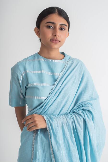 Buy_Merakus_Blue Cotton Zari Round Neck Stripe Embroidered Saree With Blouse _Online_at_Aza_Fashions