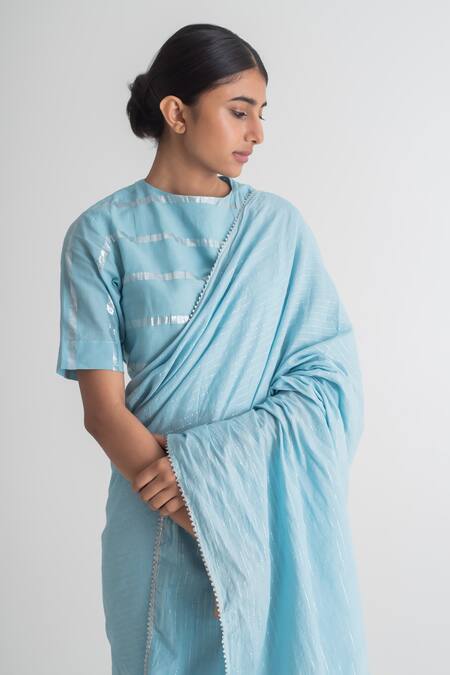Shop_Merakus_Blue Cotton Zari Round Neck Stripe Embroidered Saree With Blouse _Online_at_Aza_Fashions
