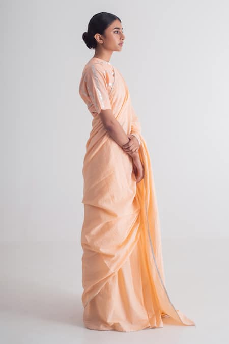 Merakus_Peach Cotton Zari Work Saree _Online_at_Aza_Fashions