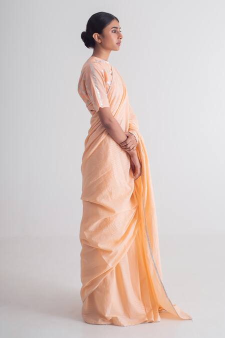 Merakus_Peach Cotton Zari, Embroidery Round Neck Work Saree With Blouse _Online_at_Aza_Fashions