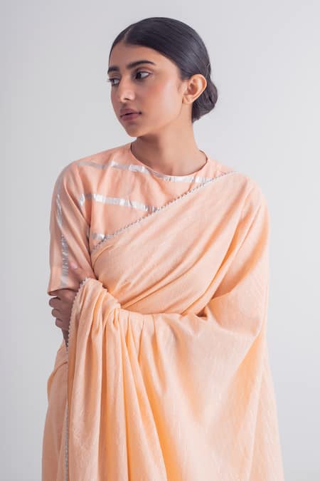 Shop_Merakus_Peach Cotton Zari, Embroidery Round Neck Work Saree With Blouse _Online_at_Aza_Fashions