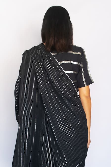 Shop_Merakus_Black Cotton Zari Stripe Work Saree _at_Aza_Fashions