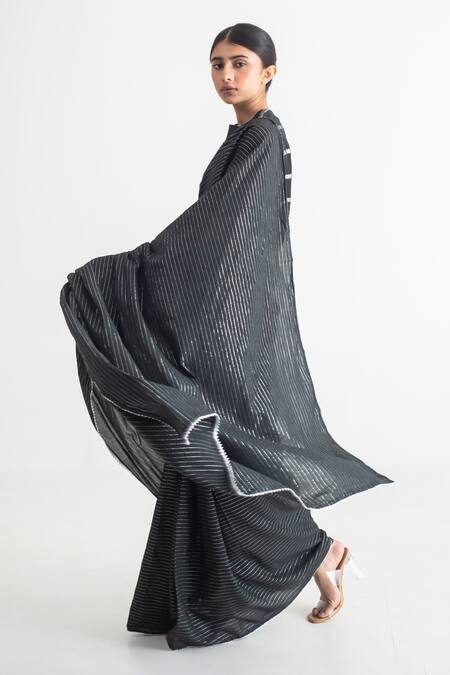 Merakus_Black Cotton Zari Stripe Work Saree _Online_at_Aza_Fashions