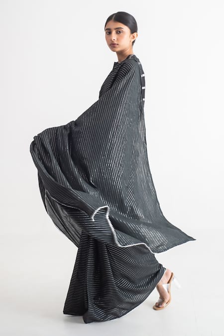 Merakus_Black Cotton Zari Round Neck Stripe Work Saree With Blouse _Online_at_Aza_Fashions