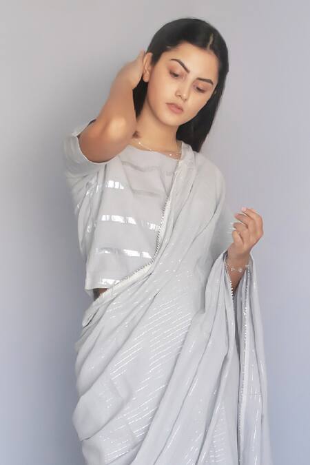 Merakus_Grey Cotton Zari Round Neck Embroidered Saree With Blouse _Online_at_Aza_Fashions