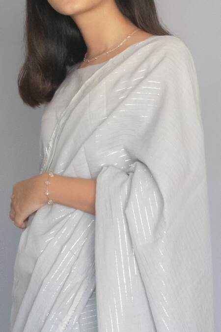 Shop_Merakus_Grey Cotton Zari Round Neck Embroidered Saree With Blouse _Online_at_Aza_Fashions