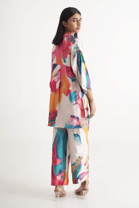 Shop_Merakus_Multi Color Modal, Silk Collared Abstract Print Shirt And Pant Set _at_Aza_Fashions