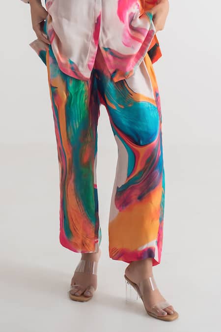 Merakus_Multi Color Modal, Silk Collared Abstract Print Shirt And Pant Set _Online_at_Aza_Fashions