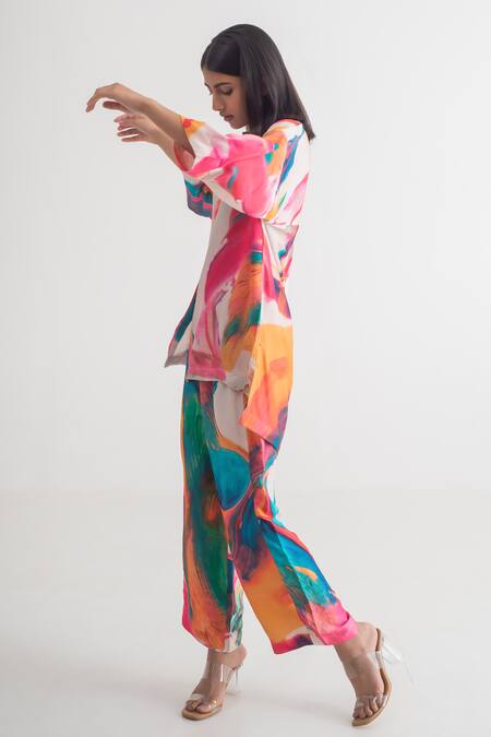 Buy_Merakus_Multi Color Modal, Silk Collared Abstract Print Shirt And Pant Set _Online_at_Aza_Fashions