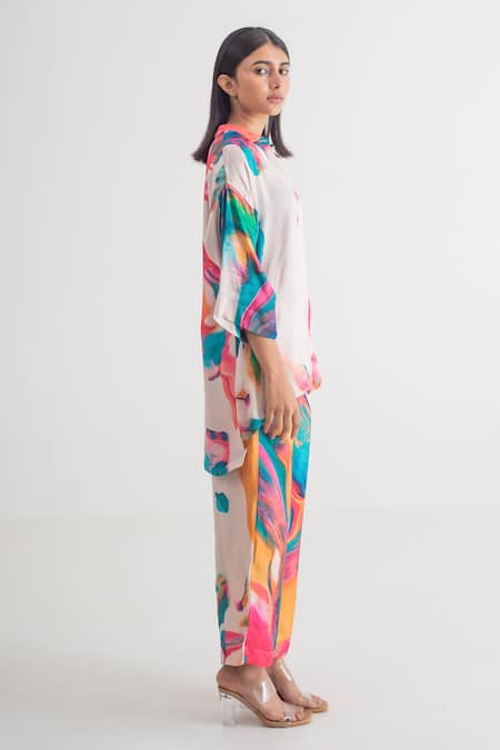 Shop_Merakus_Multi Color Modal, Silk Collared Abstract Print Shirt And Pant Set _Online_at_Aza_Fashions