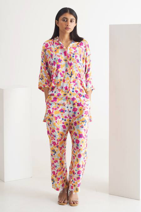 Shop_Merakus_Multi Color Modal Silk Printed Floral Collar Shirt And Pant Set _Online_at_Aza_Fashions