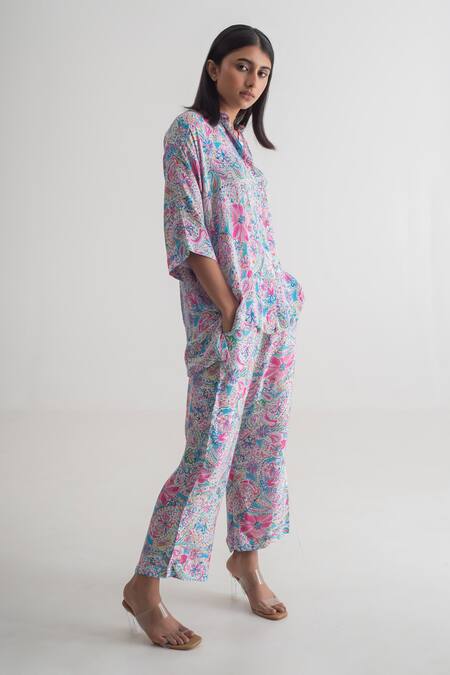 Merakus_Multi Color Modal Silk Printed Doodle Collar Shirt And Pant Set _at_Aza_Fashions