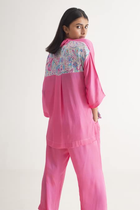 Shop Merakus Multi Modal Silk Printed Blocked Collar Pattern Shirt And Pant Set at Aza Fashions Shop_Merakus_Multi Modal Silk Printed Blocked Collar Pattern Shirt And Pant Set _at_Aza_Fashions