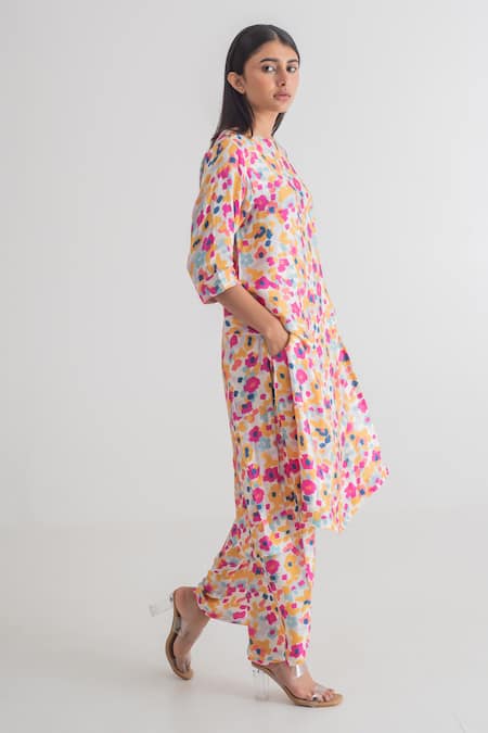 Shop_Merakus_Multi Color Modal, Silk Round Neck Floral Print Kurta And Pant Set _at_Aza_Fashions