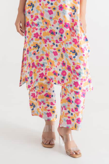 Merakus_Multi Color Modal, Silk Round Neck Floral Print Kurta And Pant Set _Online_at_Aza_Fashions