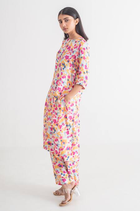 Shop_Merakus_Multi Color Modal, Silk Round Neck Floral Print Kurta And Pant Set _Online_at_Aza_Fashions