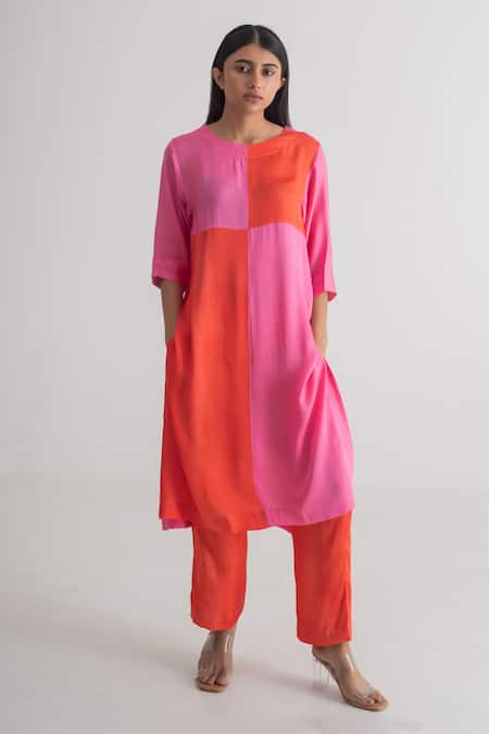 Merakus Multi Modal Silk Blocked Round Kurta And Pant Set  