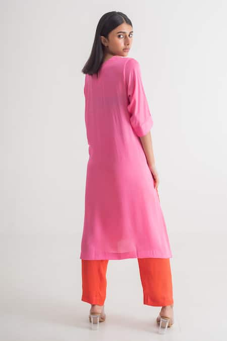 Shop_Merakus_Multi Color Modal, Silk Round Neck Blocked Kurta And Pant Set _at_Aza_Fashions