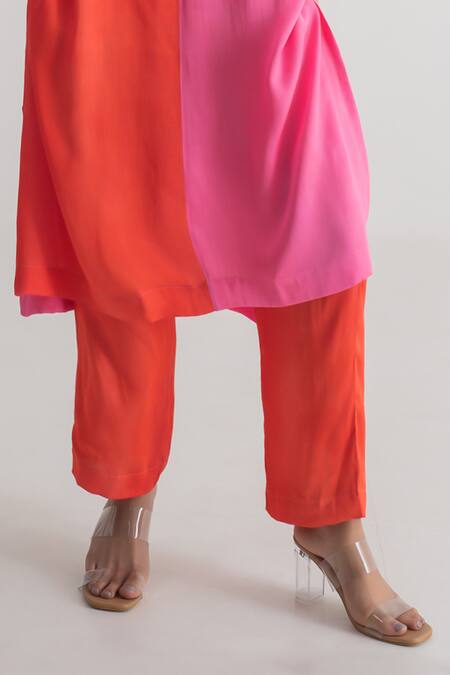 Merakus_Multi Color Modal, Silk Round Neck Blocked Kurta And Pant Set _Online_at_Aza_Fashions