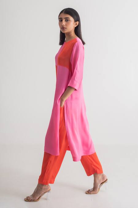 Shop_Merakus_Multi Color Modal, Silk Round Neck Blocked Kurta And Pant Set _Online_at_Aza_Fashions