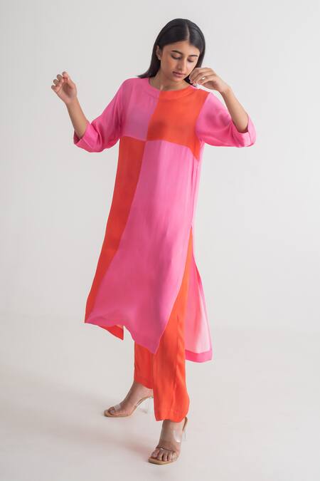 Merakus_Multi Color Modal, Silk Round Neck Blocked Kurta And Pant Set _at_Aza_Fashions
